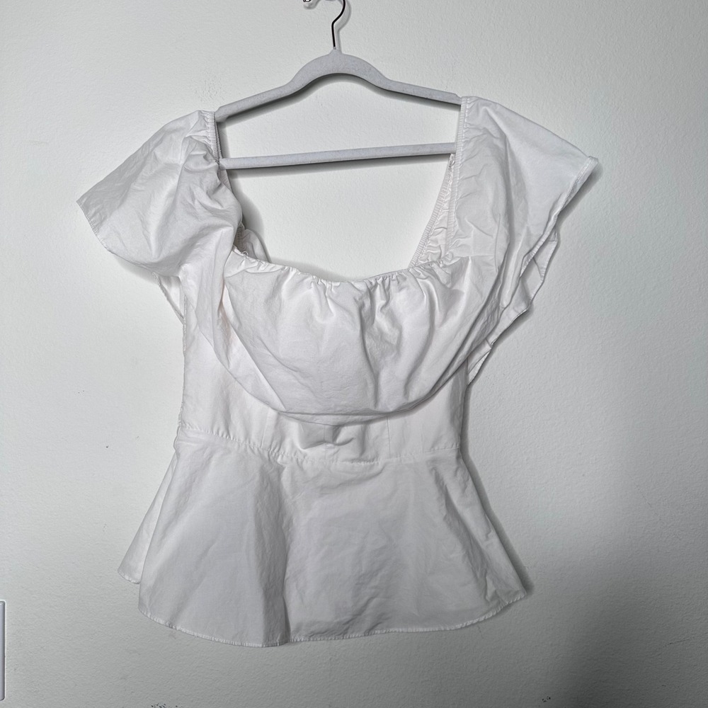 Amanda Uprichard White Cotton Ruffle Peplum Top Smocked Side Size M